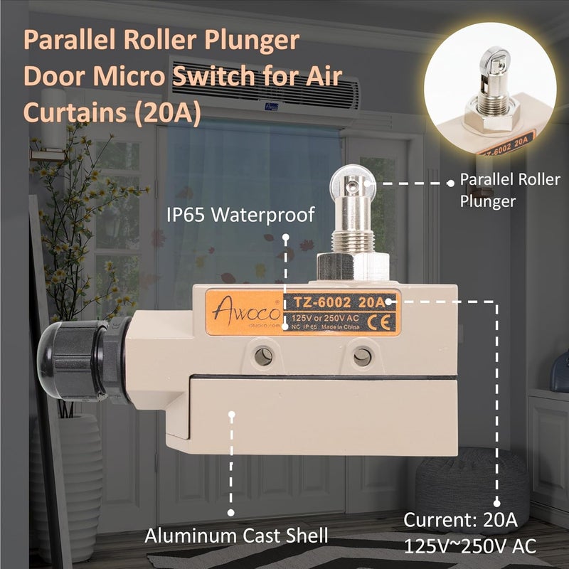 Awoco Heavy Duty Commercial Door Micro Switch with Parallel Roller Plunger for Sliding Doors/Windows for Air Curtains, 250V 20A IP 65 Limit Switch Type NO and Type NC (TZ-6002-20A) - Image 2